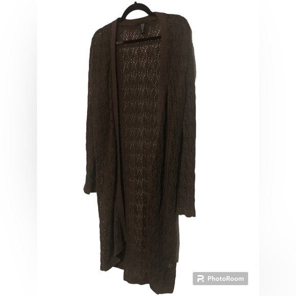 Women’s L brown long crochet knit open cardigan from apostrophe - Picture 2 of 4